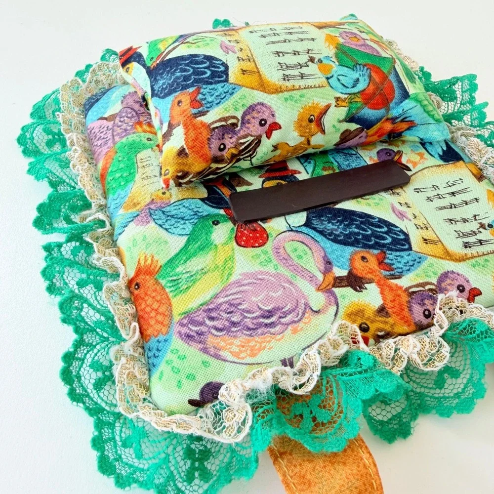 Vintage Handmade Singing Birds Magnetic Needle Minder Pincushion Lace Trim 7x7